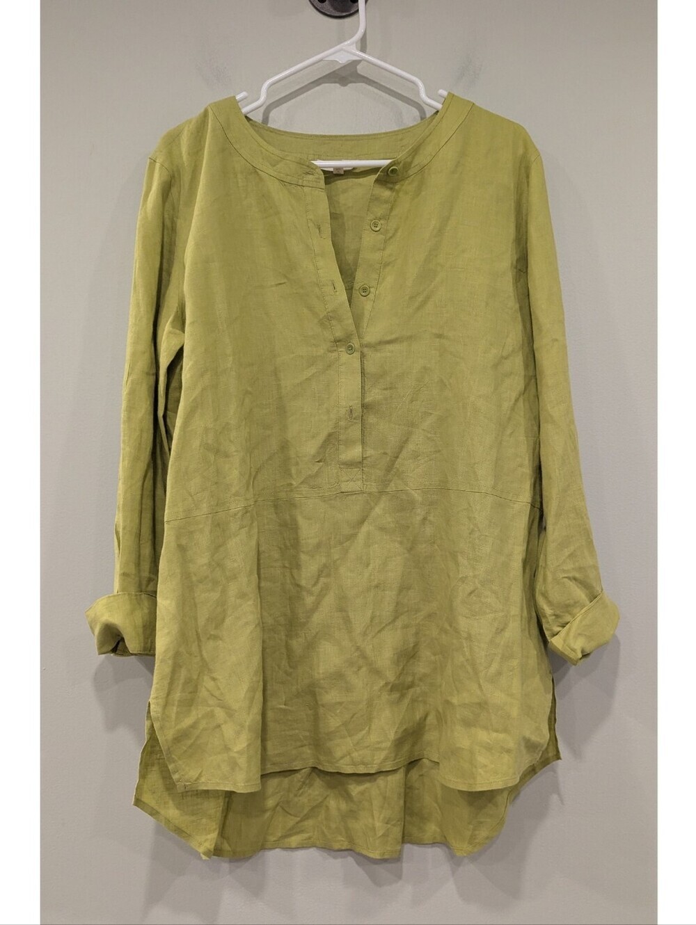 Eileen Fisher 100% Irish Linen Long Sleeve Green Tunic Top Size Medium